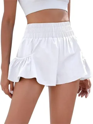 UAURORAO Women Flowy Athletic Shorts High Waisted Boho Floral Ruffle Running Workout Shorts Smocked Shorts with Pockets