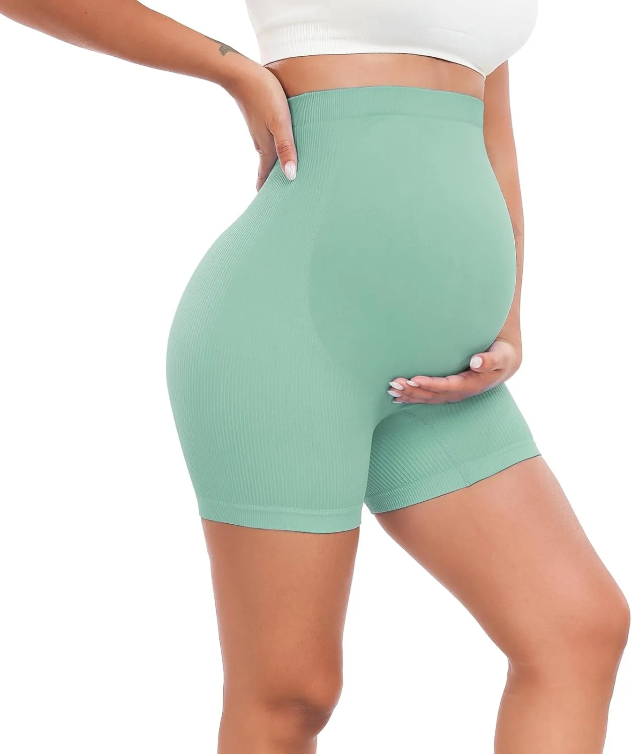 URUWASHI Ribbed Maternity Shorts Over The Belly Seamless 5" Pregnancy Workout Athletic Biker Shorts for Women