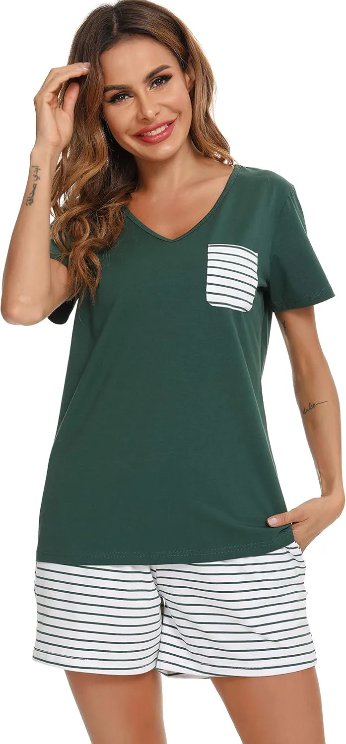 Vlazom Women's Pajama Sets V-Neck Shorts Pjs Set Short Sleeve Sleepwear Loungewear with Pockets & Drawstring