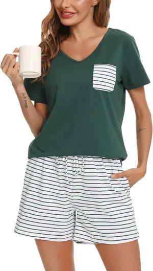 Vlazom Women's Pajama Sets V-Neck Shorts Pjs Set Short Sleeve Sleepwear Loungewear with Pockets & Drawstring