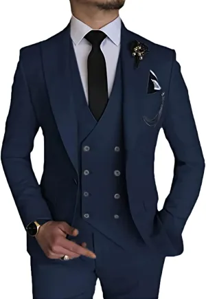 Wangyue 3 Piece Suit Slim Fit Men Suits Double Breasted Wedding Party One Button Blazer Jacket Vest Pants Sets Beige