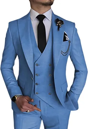 Wangyue 3 Piece Suit Slim Fit Men Suits Double Breasted Wedding Party One Button Blazer Jacket Vest Pants Sets Beige