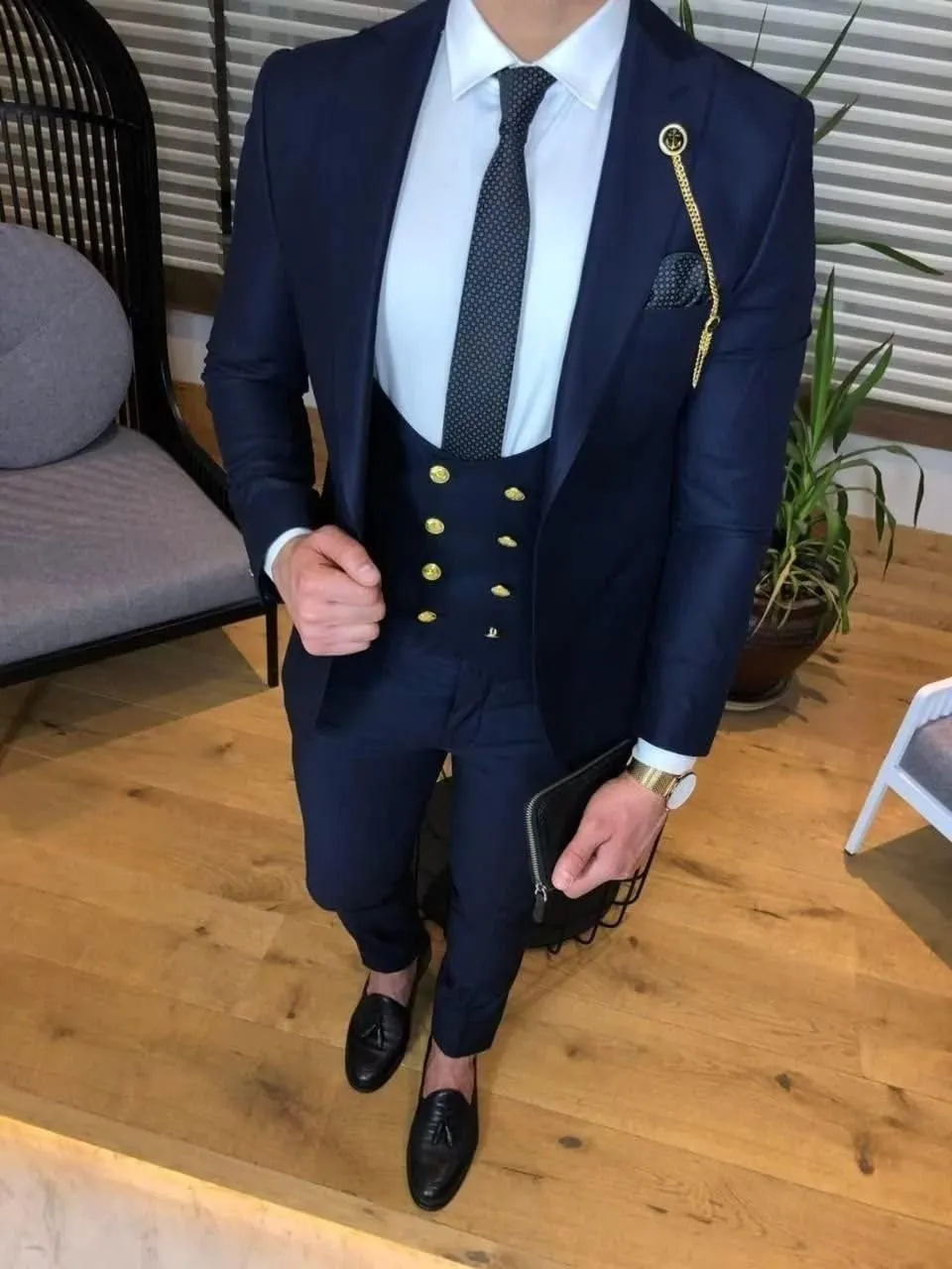 Wangyue Mens 3 Piece Suit Slim Fit Suits for Men Double Breasted Suit Men Wedding Prom Suits