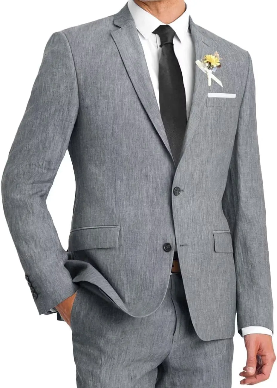 Wangyue Men's Linen Suit 2 Piece Causal Summer Suits Slim Fit Wedding Suit Groomsmen Prom Tuxedo Suits