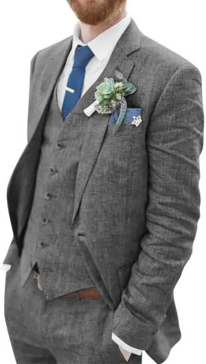 Wangyue Men's Linen Suit 3 Piece Suit Slim Fit Two Buttons Casual Suits Summer Beach Wedding Suits Set