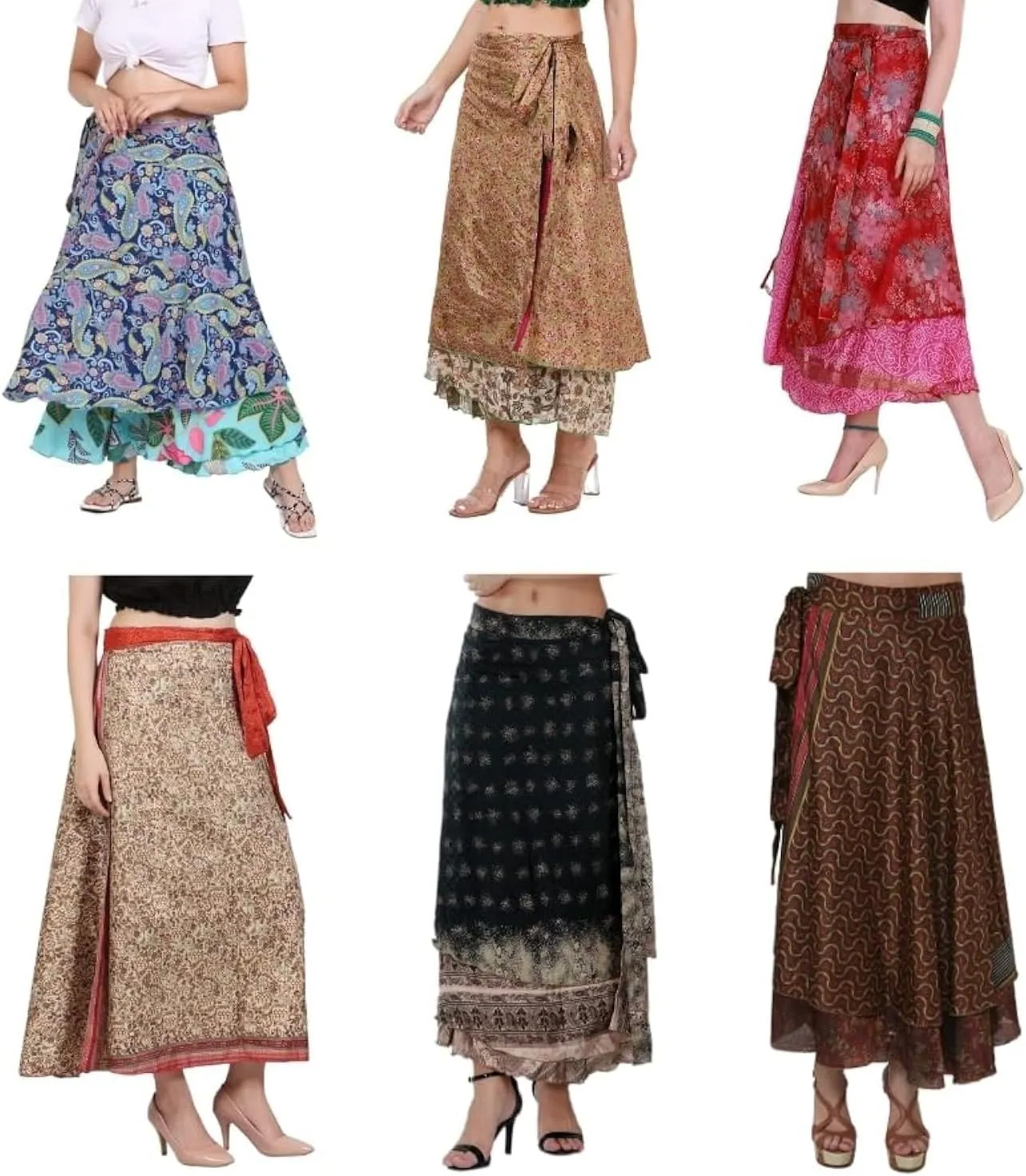 Wevez® Pack of 3 Pcs Original Two Layer Printed Wrap Around Skirts, Plus Size (Long XL)