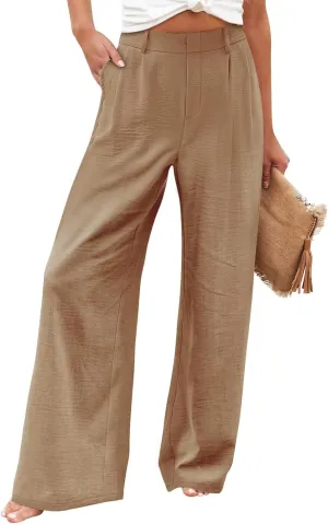 White Linen Pants Women Petite Casual Wide Leg Trousers Boho Loose Fit Elastic Waist Yoga Trousers with Pockets