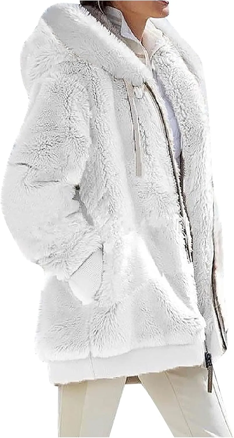 Winter Coats for Women,Long Sleeve Sherpa Jackets with Pockets,Thicken Fluffy Coat Outwear