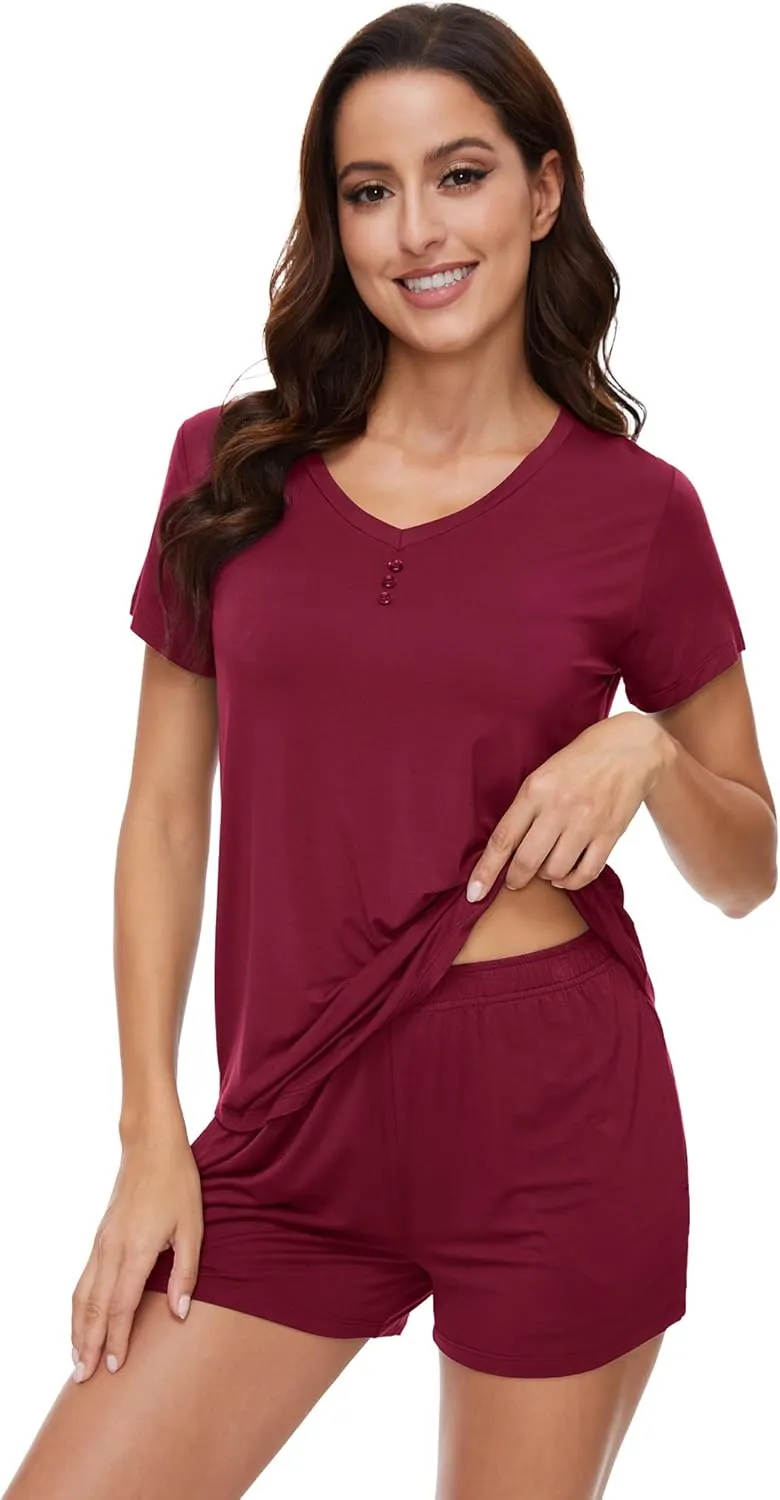 WiWi Pajamas for Women Short Sleeve Top and Shorts Sets Viscose from Bamboo Pj Sleepwear Pajama Set S-XXL