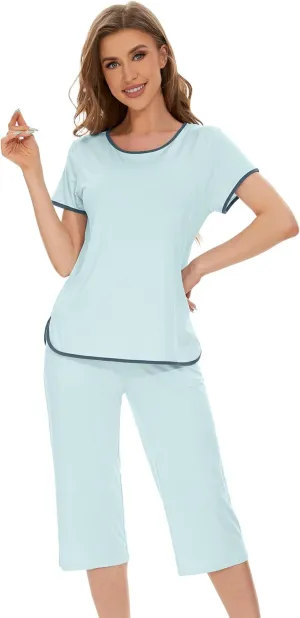 WiWi Pajamas for Women Soft Knit Capri Pants Pajama Sets Summer Pjs Sleepwear Comfy Lounge Set Viscose from Bamboo S-XXL
