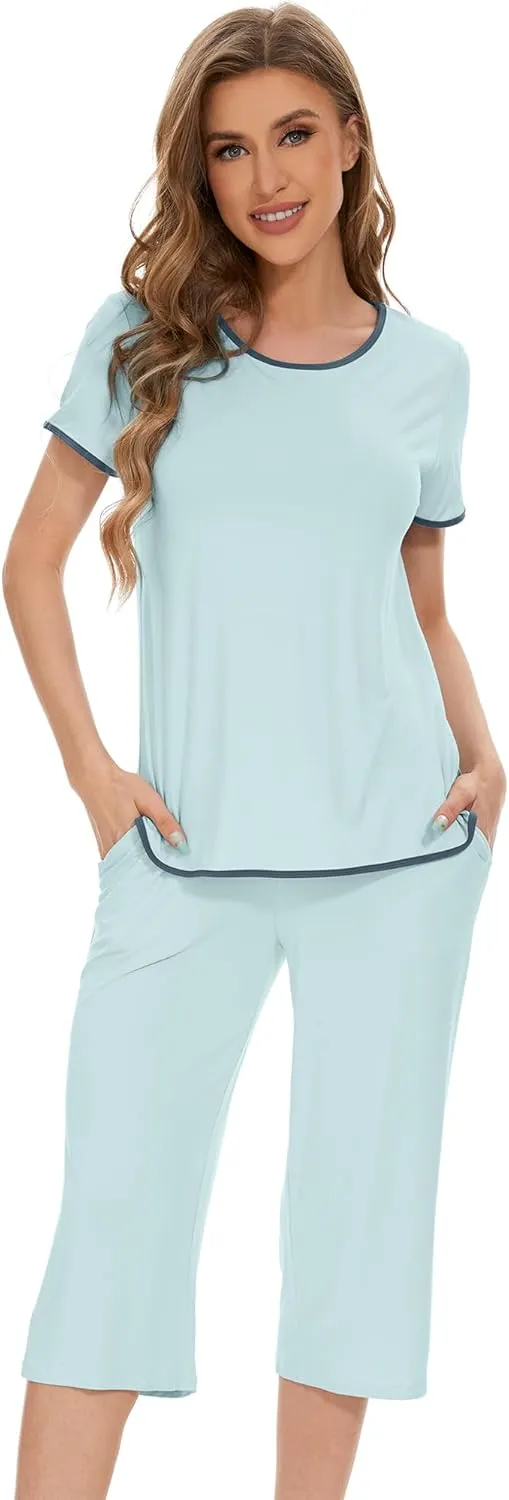 WiWi Pajamas for Women Soft Knit Capri Pants Pajama Sets Summer Pjs Sleepwear Comfy Lounge Set Viscose from Bamboo S-XXL