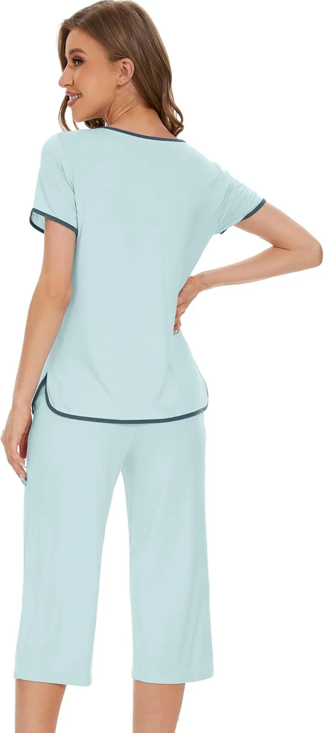 WiWi Pajamas for Women Soft Knit Capri Pants Pajama Sets Summer Pjs Sleepwear Comfy Lounge Set Viscose from Bamboo S-XXL