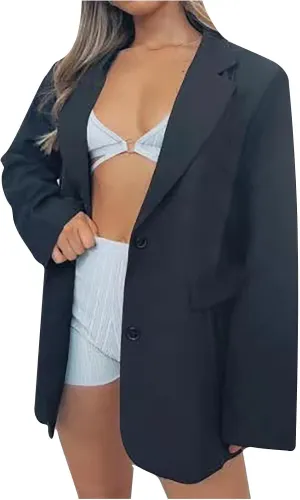Wkishenl Women Long Sleeve Button Blazers Oversized Solid Notched Lapel Jackets Blazer 2024 Fashion Pocket Work Office Coats