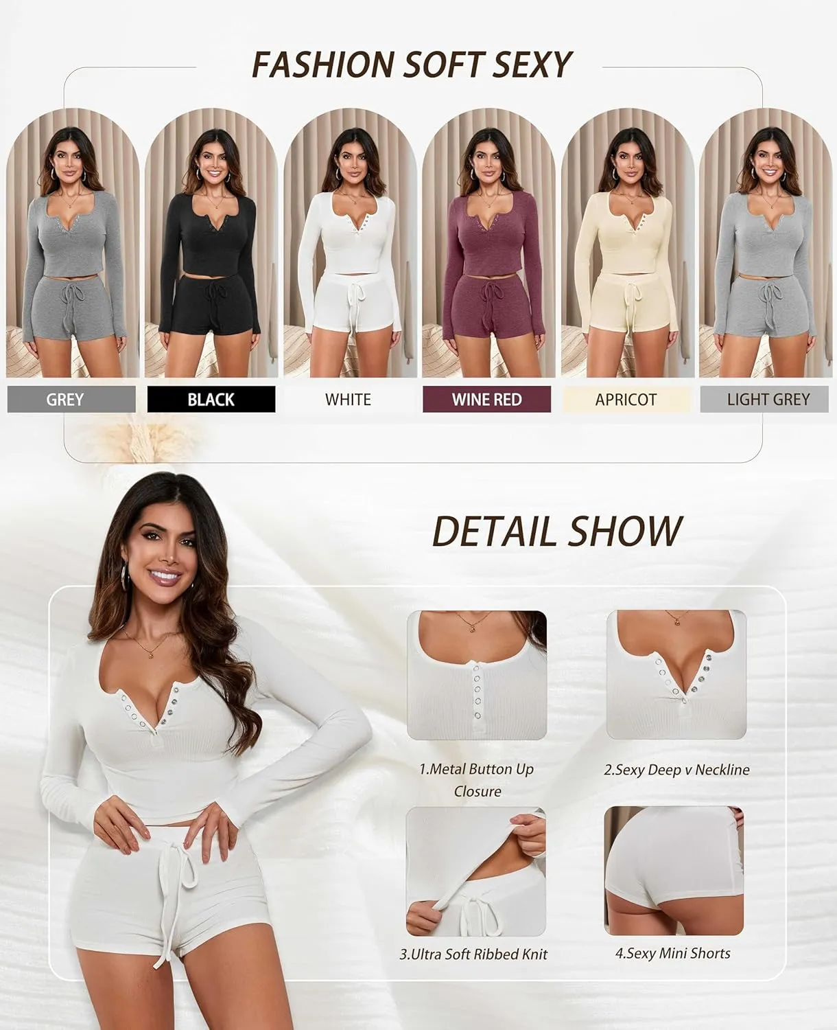 Women 2 Piece Ribbed Knit Pajama Set Long Sleeve Button Crop Top and Shorts Lounge Sweatsuits Sleepwear PJ Set