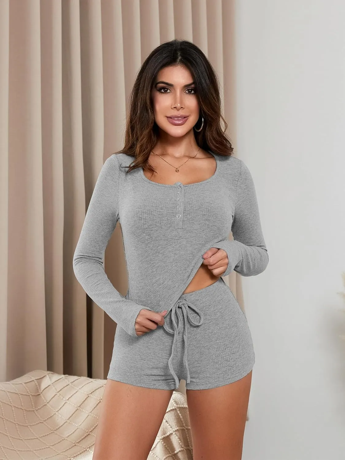 Women 2 Piece Ribbed Knit Pajama Set Long Sleeve Button Crop Top and Shorts Lounge Sweatsuits Sleepwear PJ Set