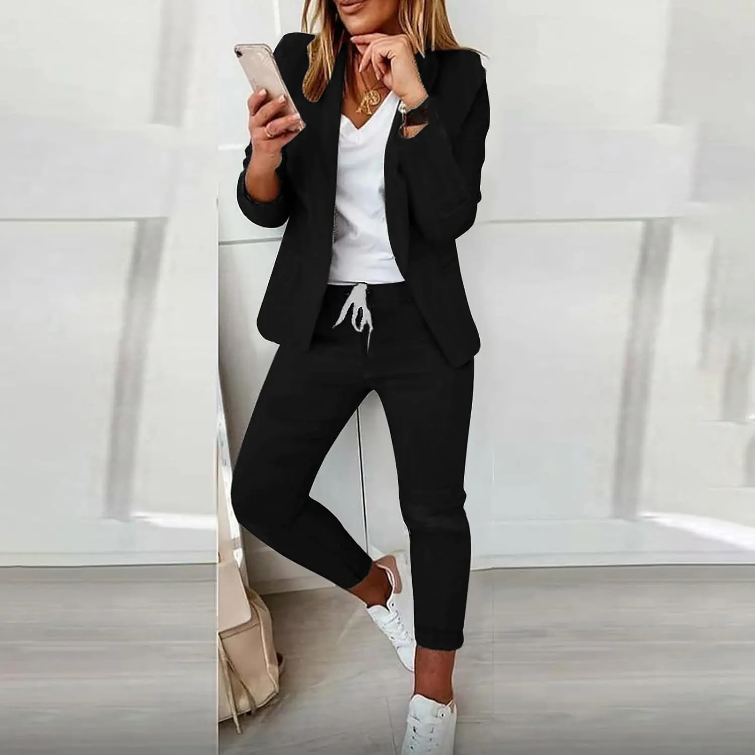 Women Blazer Set 2 Piece Outfits,Plaid Print Long Sleeve Blazer with Drawstring Pants Solid Business Casual Suit Set