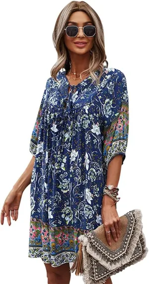 Women Bohemian Neck Tie Vintage Printed Ethnic Style Summer Shift Dress