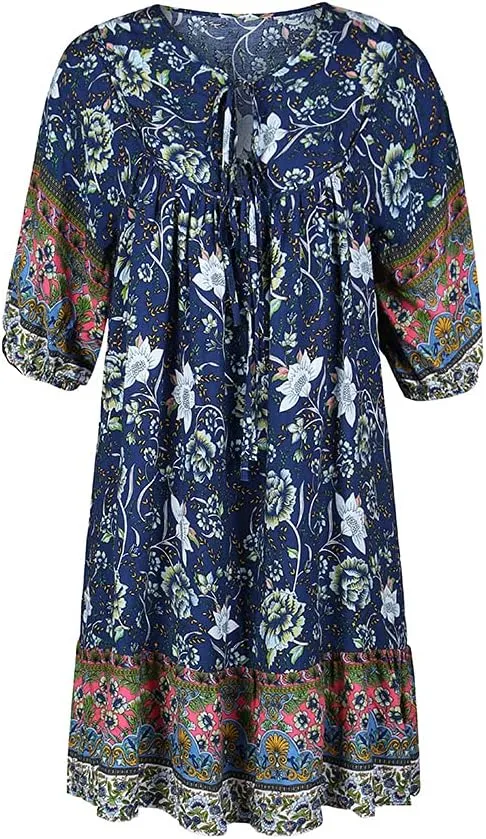 Women Bohemian Neck Tie Vintage Printed Ethnic Style Summer Shift Dress