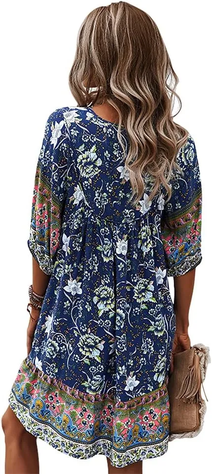 Women Bohemian Neck Tie Vintage Printed Ethnic Style Summer Shift Dress