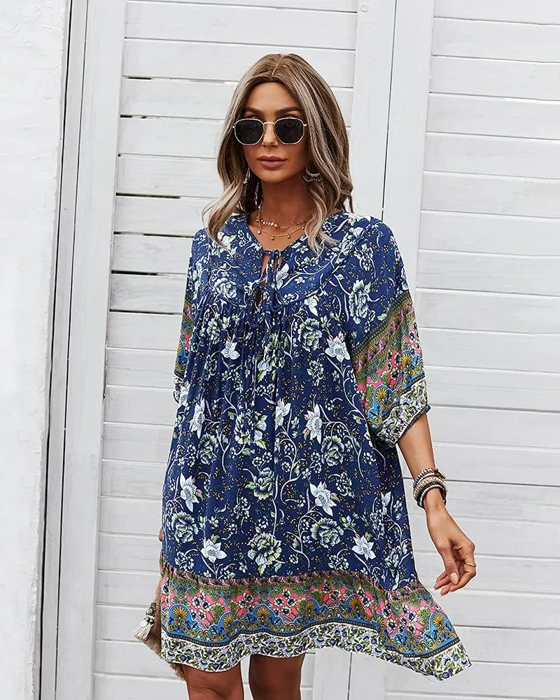 Women Bohemian Neck Tie Vintage Printed Ethnic Style Summer Shift Dress
