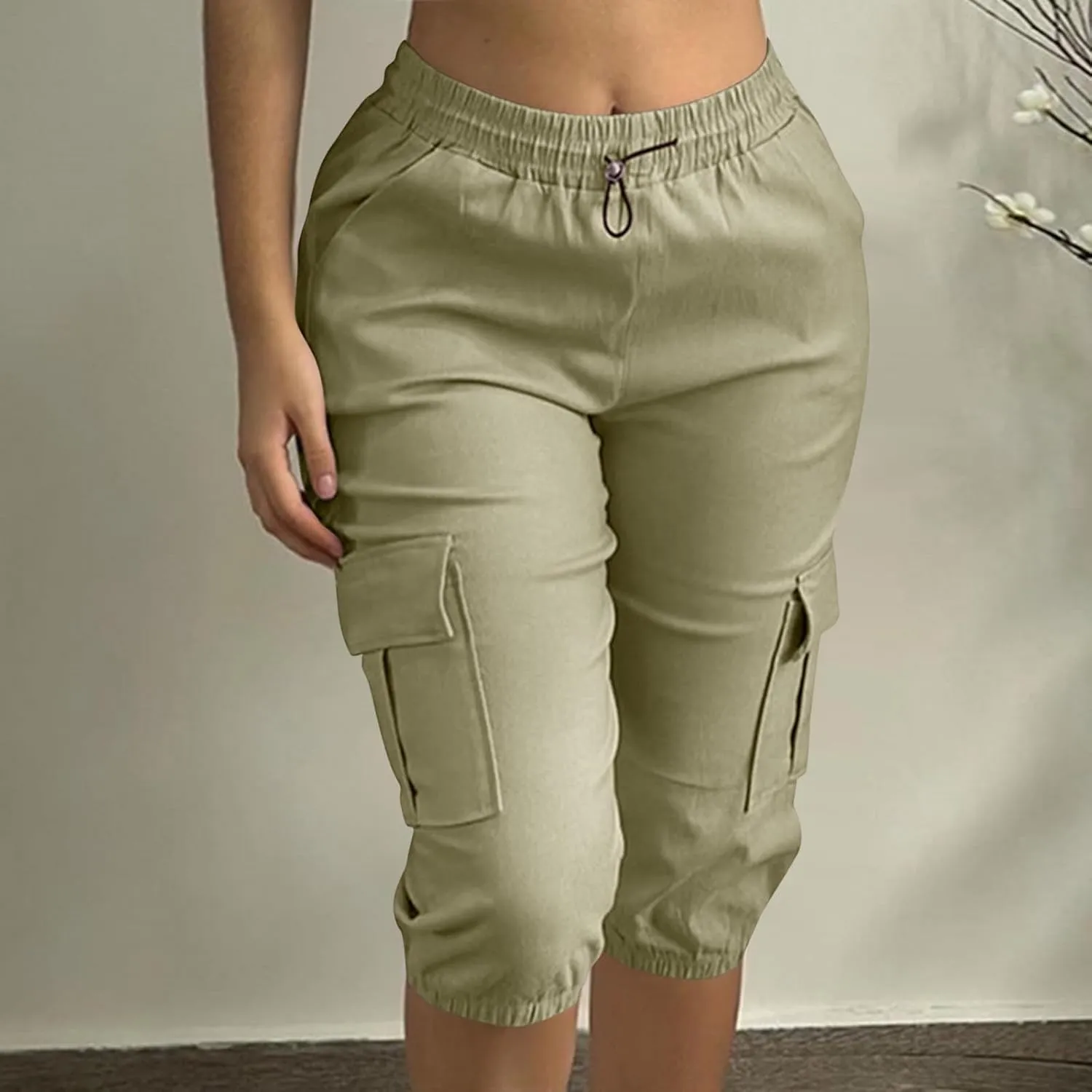Women Cargo Capris Shorts Hiking Summer Elastic Waist Drawstring Casual Travel Pants Pockets Bermuda Pants