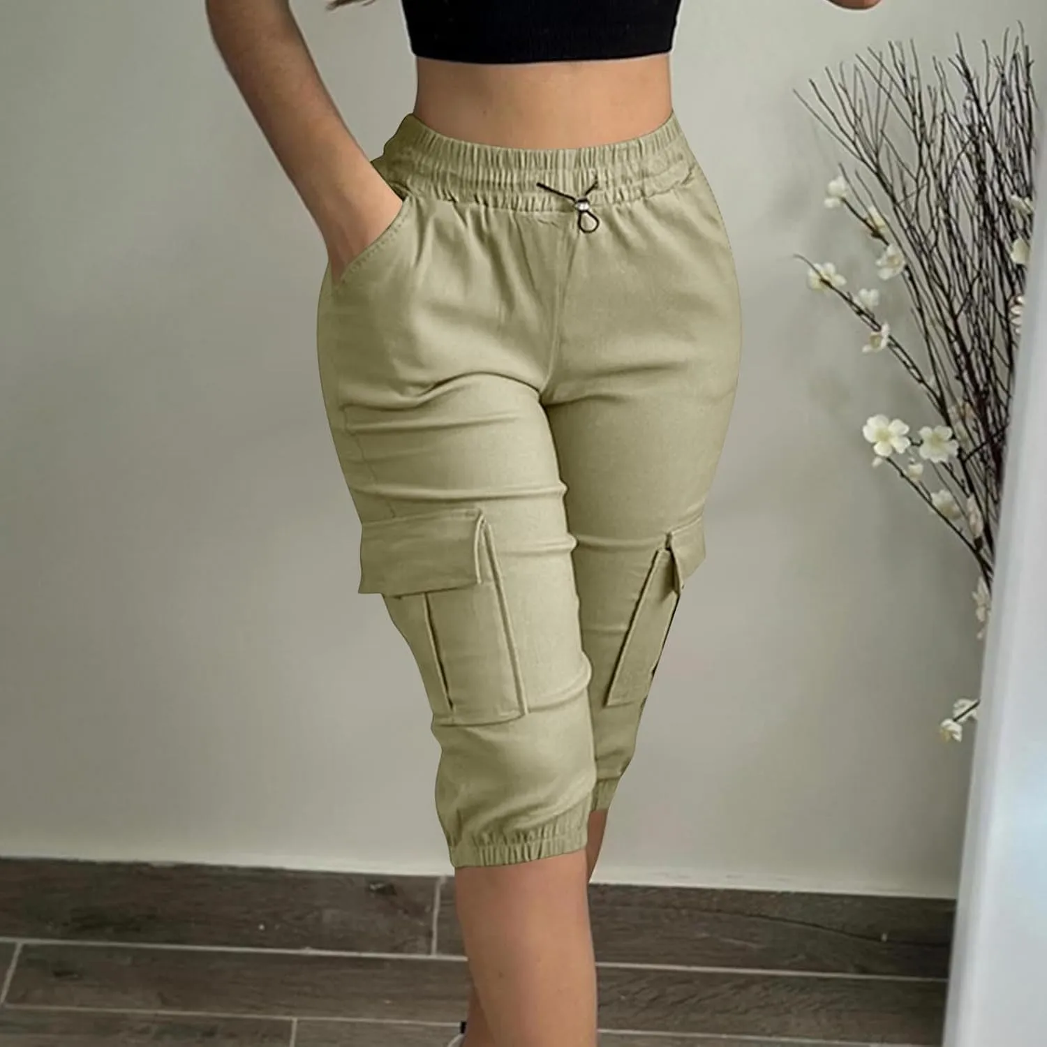 Women Cargo Capris Shorts Hiking Summer Elastic Waist Drawstring Casual Travel Pants Pockets Bermuda Pants