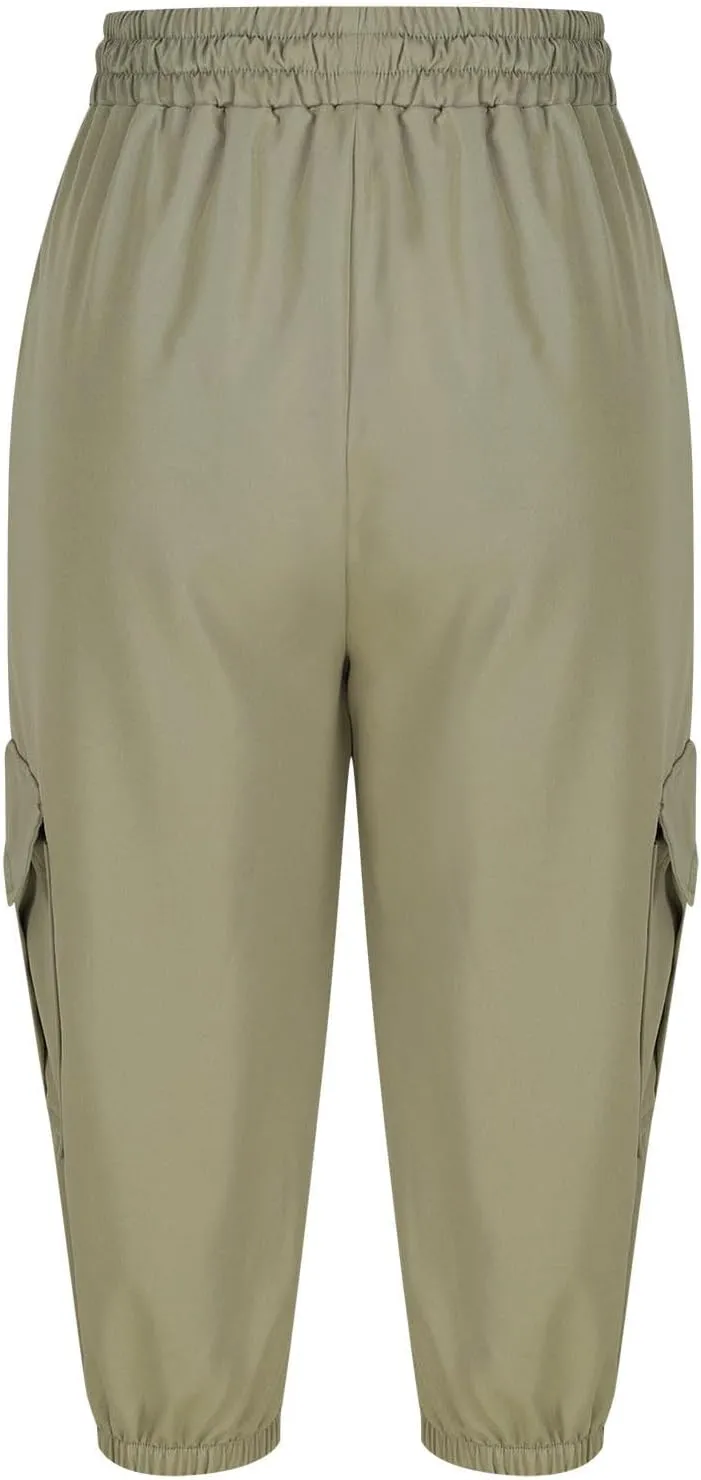 Women Cargo Capris Shorts Hiking Summer Elastic Waist Drawstring Casual Travel Pants Pockets Bermuda Pants