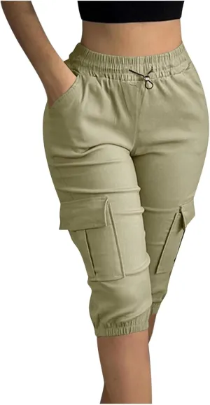 Women Cargo Capris Shorts Hiking Summer Elastic Waist Drawstring Casual Travel Pants Pockets Bermuda Pants