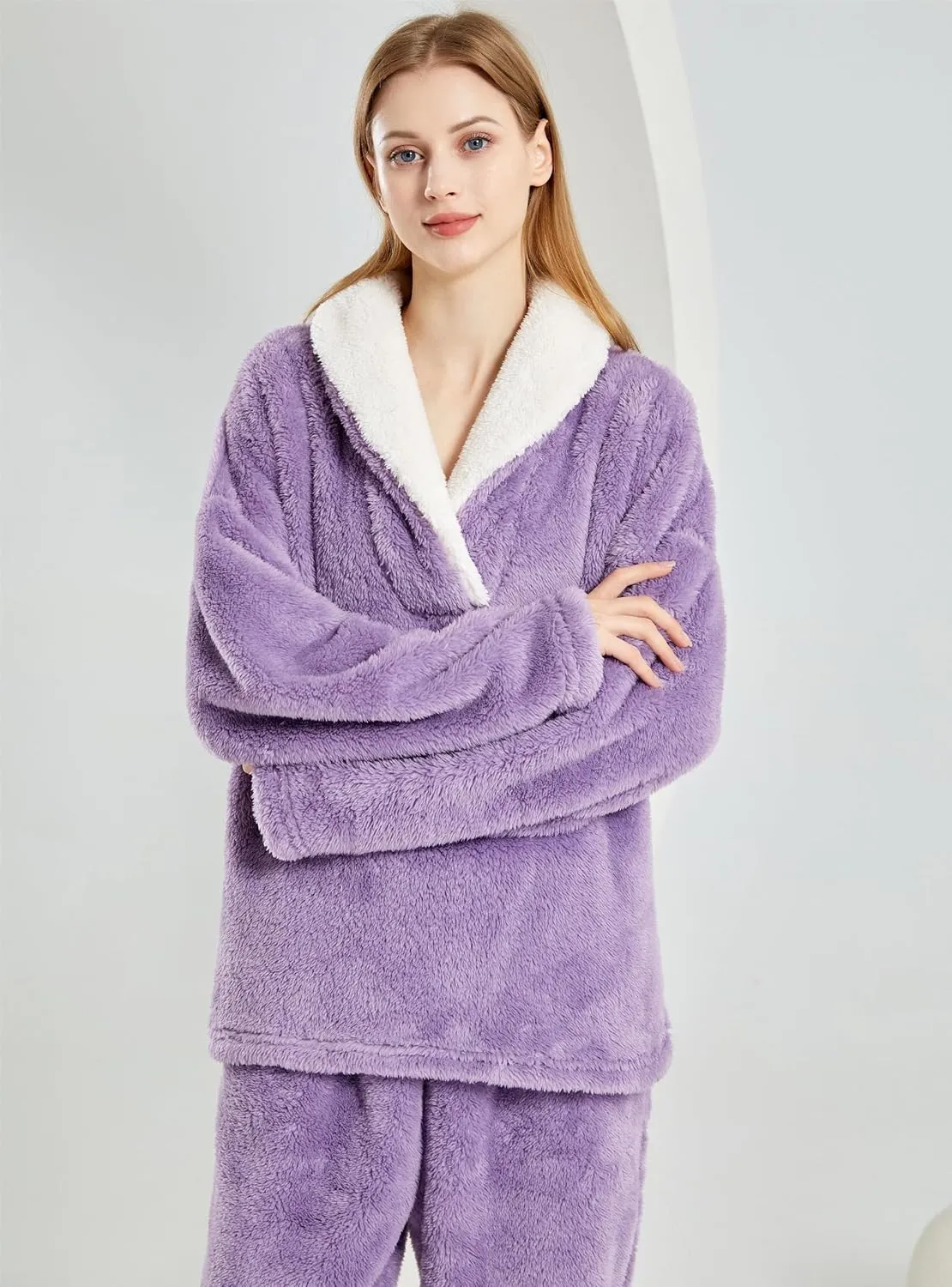 Women Fluffy Pajamas Set Fleece Lounge Set Pullover Pants 2 Piece Loungewear Sleepwear Winter Warm Pj Loose Plush