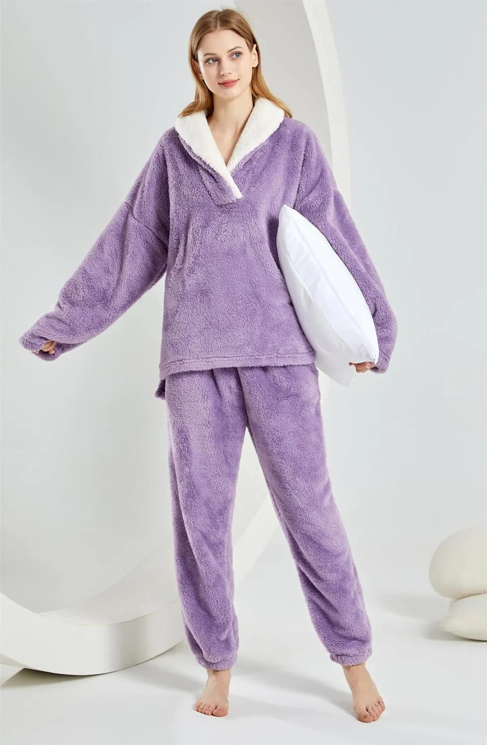 Women Fluffy Pajamas Set Fleece Lounge Set Pullover Pants 2 Piece Loungewear Sleepwear Winter Warm Pj Loose Plush