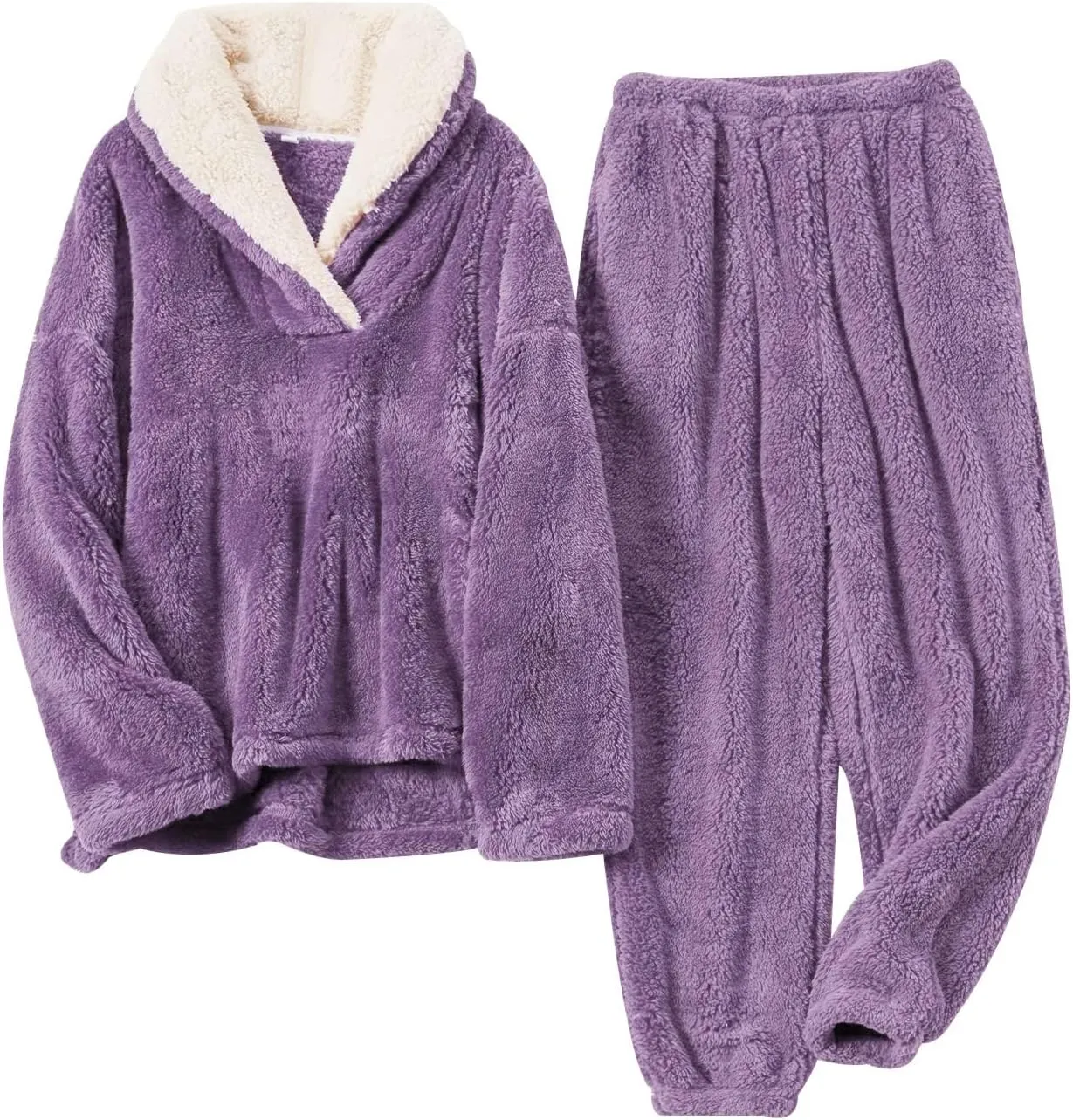 Women Fluffy Pajamas Set Fleece Lounge Set Pullover Pants 2 Piece Loungewear Sleepwear Winter Warm Pj Loose Plush