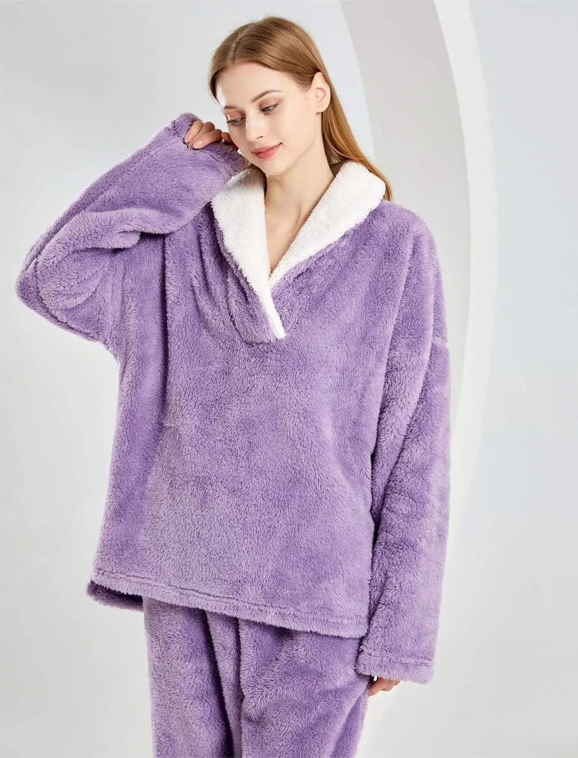 Women Fluffy Pajamas Set Fleece Lounge Set Pullover Pants 2 Piece Loungewear Sleepwear Winter Warm Pj Loose Plush