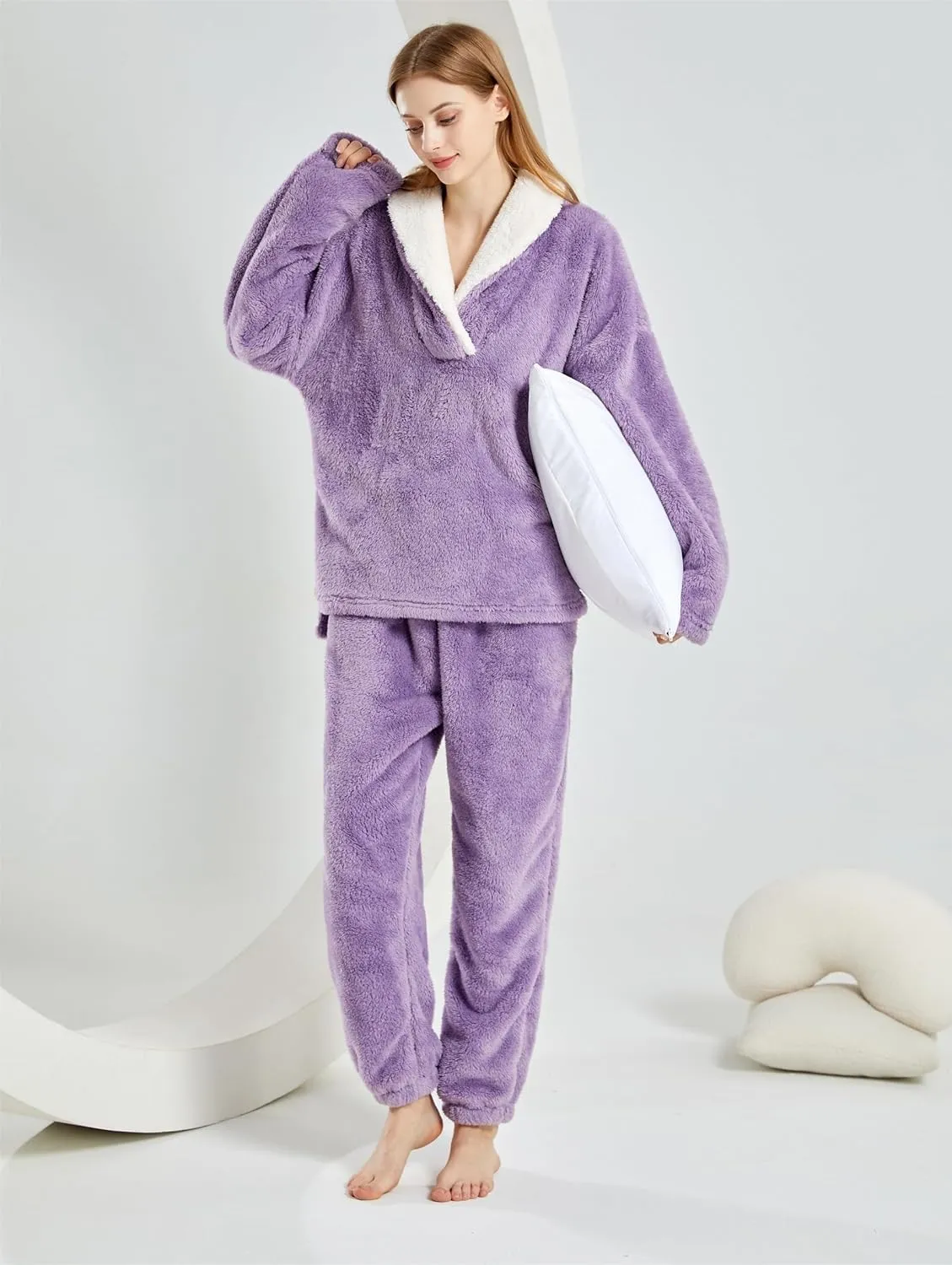 Women Fluffy Pajamas Set Fleece Lounge Set Pullover Pants 2 Piece Loungewear Sleepwear Winter Warm Pj Loose Plush