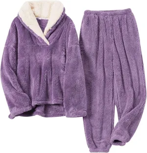 Women Fluffy Pajamas Set Fleece Lounge Set Pullover Pants 2 Piece Loungewear Sleepwear Winter Warm Pj Loose Plush
