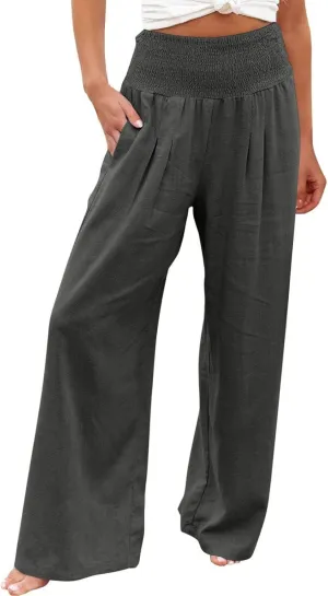 Women Linen Palazzo Pants Summer Wide Leg High Waist Trousers Casual Lounge Pant 2025 Beach Travel Vacation Outfits