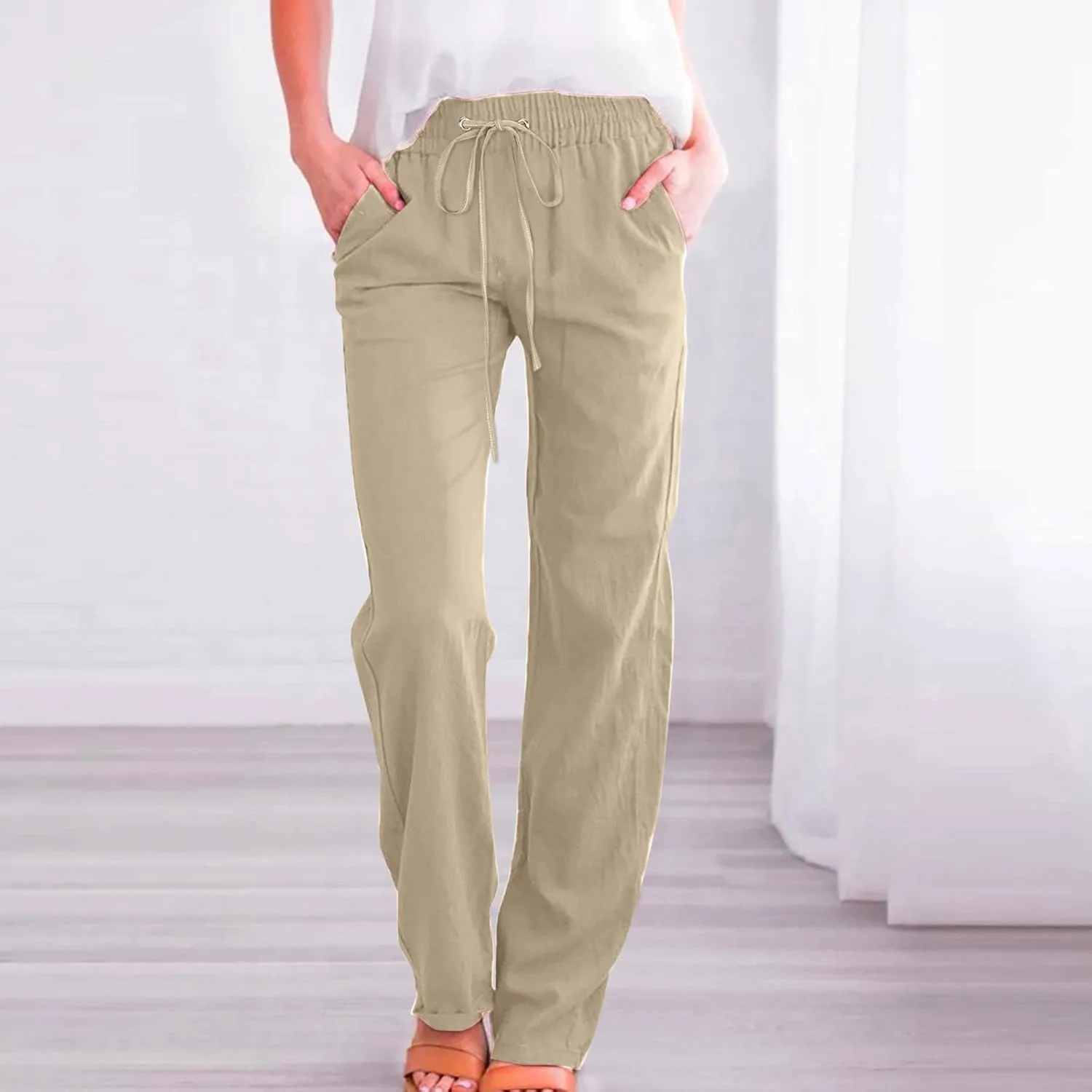 Women Linen Summer Printed Palazzo Pants Low Waist Stretchy Straight Loose Fit Palazzo Pants Trendy