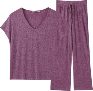 Women Lounge Set 2 Piece Outfits Short Sleeve Ribbed Knit Tops Cropped Wide Leg Pants Loungewear Set Matching Pajama Set Red, Medium
