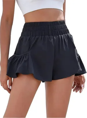 Women Ruffle Running Shorts High Waisted Workout Athletic Shorts Flowy Smocked A Line Skorts with Pockets
