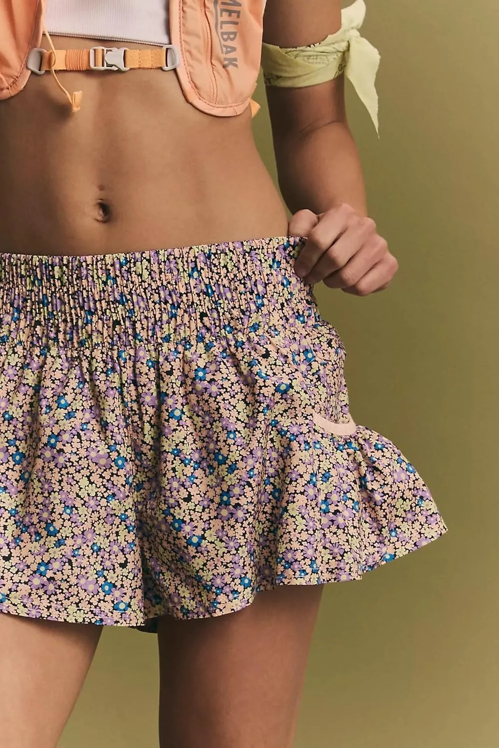Women Ruffle Running Shorts High Waisted Workout Athletic Shorts Flowy Smocked A Line Skorts with Pockets