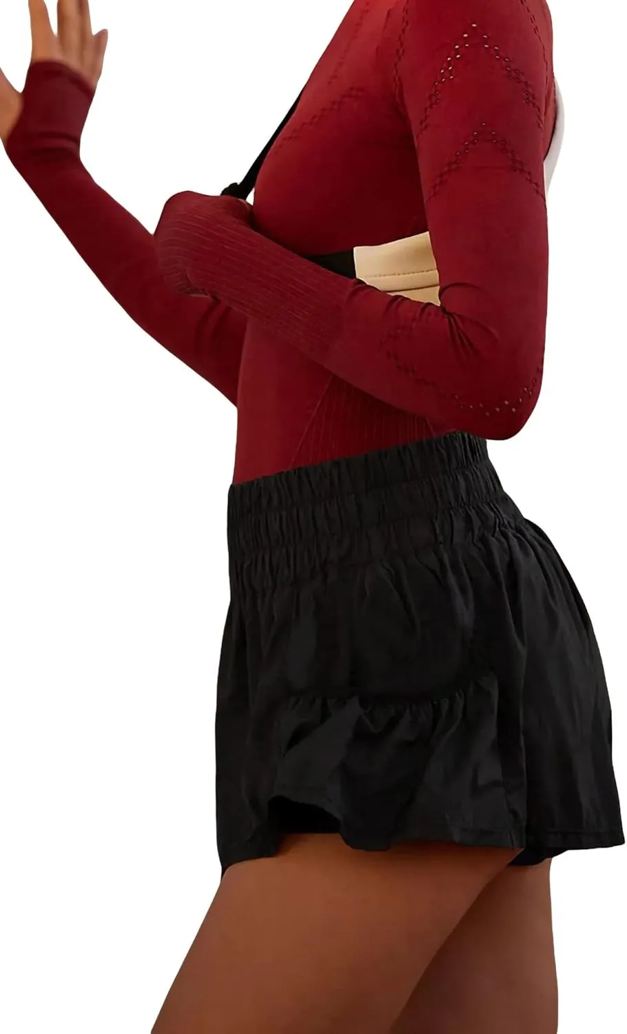 Women Ruffle Running Shorts High Waisted Workout Athletic Shorts Flowy Smocked A Line Skorts with Pockets