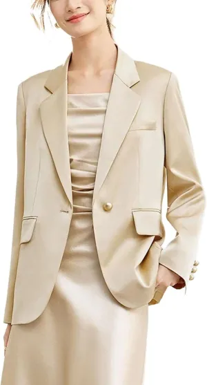 Women Satin Blazers Casual Notched Suit Jacket Woman Long Sleeve Female Tailored Coat