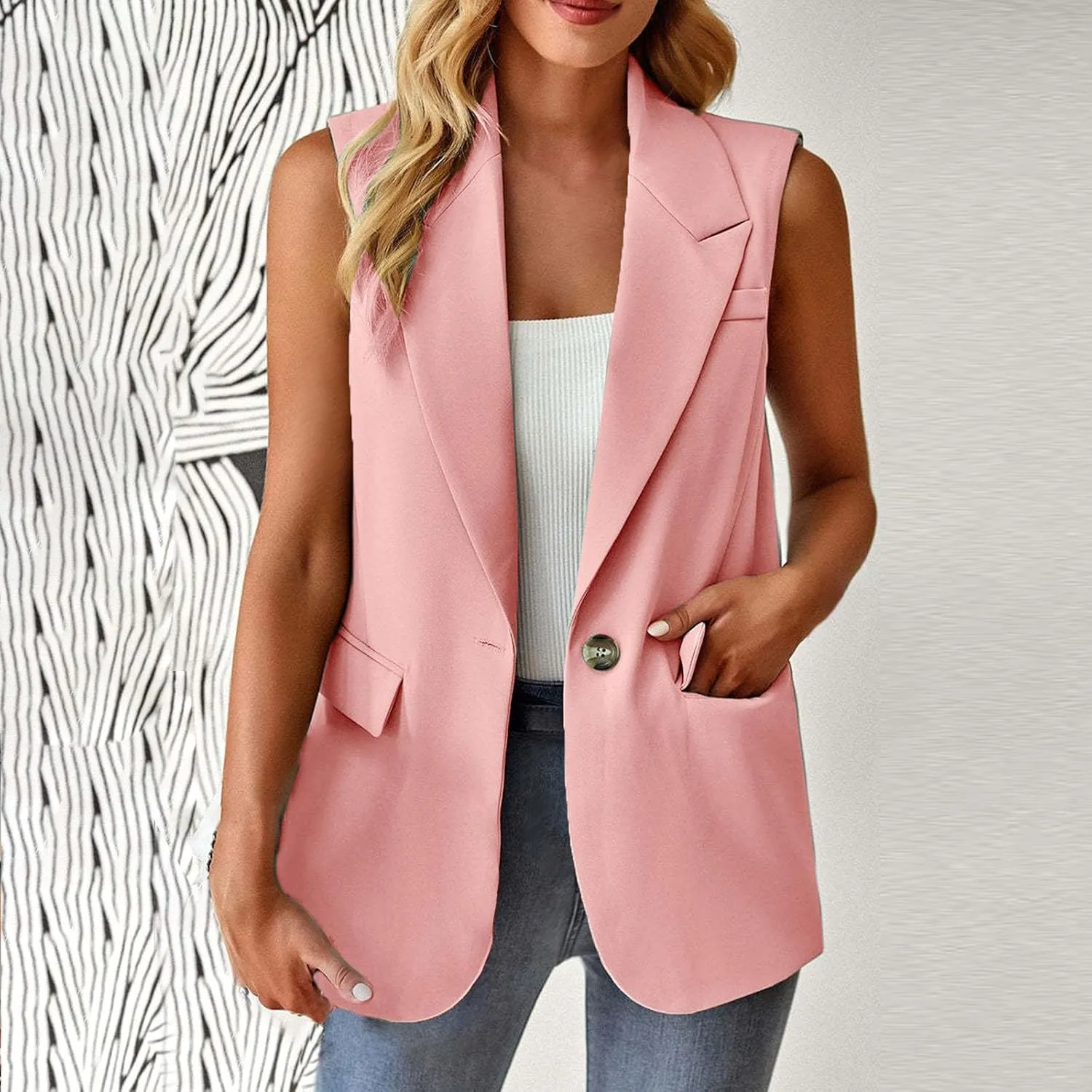 Women Sleeveless Blazer Waistcoat Casual Open Front Blazer One Button Tops Jacket Vest Plain Work Suit Office Jacket