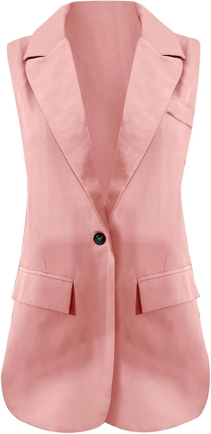 Women Sleeveless Blazer Waistcoat Casual Open Front Blazer One Button Tops Jacket Vest Plain Work Suit Office Jacket