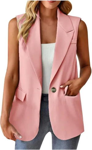 Women Sleeveless Blazer Waistcoat Casual Open Front Blazer One Button Tops Jacket Vest Plain Work Suit Office Jacket