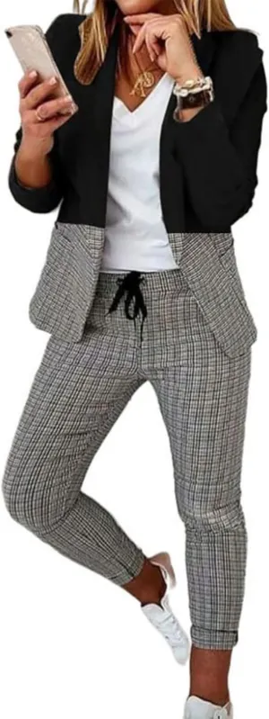 Women's 2 Piece Casual Blazers Open Front Long Sleeve Work Office Jackets and Pencil Pants Business Office Suit Set