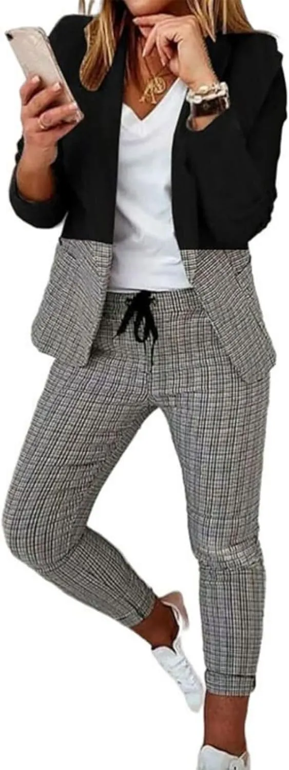 Women's 2 Piece Casual Blazers Open Front Long Sleeve Work Office Jackets and Pencil Pants Business Office Suit Set
