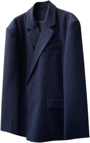 Women's Blazer Jacket Vintage Striped Padded Shoulder Loose Suits