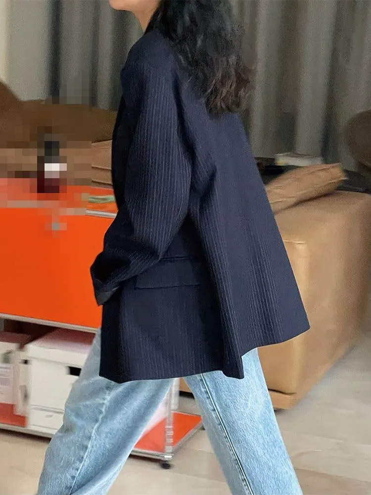 Women's Blazer Jacket Vintage Striped Padded Shoulder Loose Suits