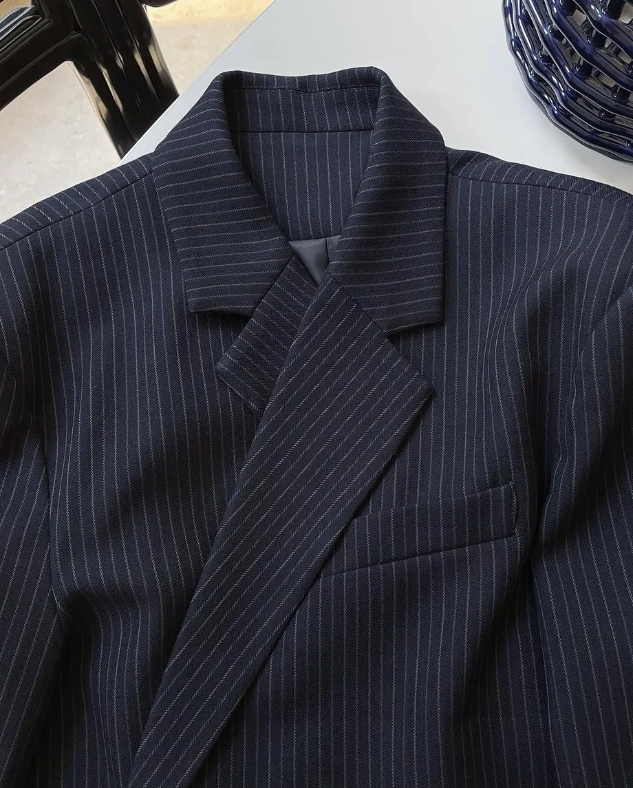 Women's Blazer Jacket Vintage Striped Padded Shoulder Loose Suits