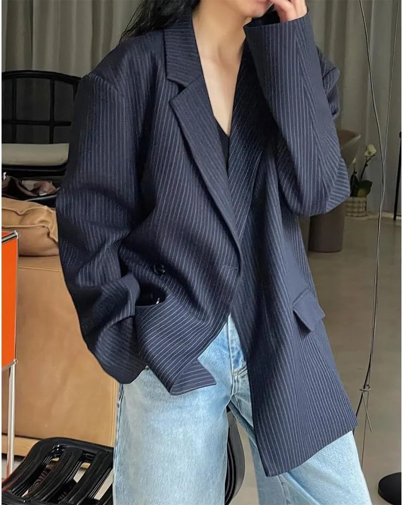 Women's Blazer Jacket Vintage Striped Padded Shoulder Loose Suits